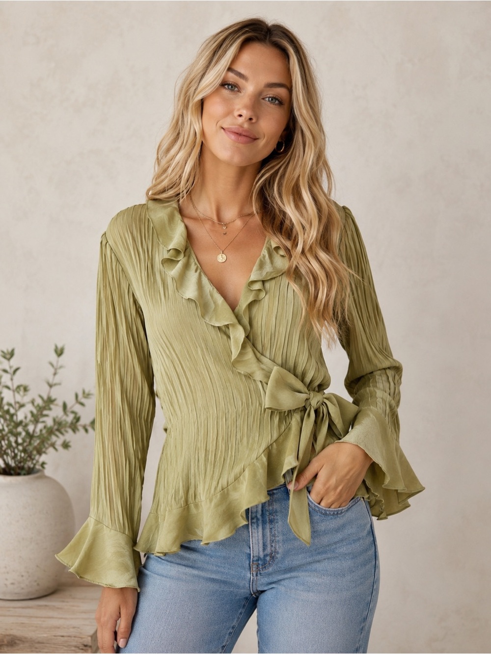 🟤Allison Taylor Sage Green Ruffled Blouse
